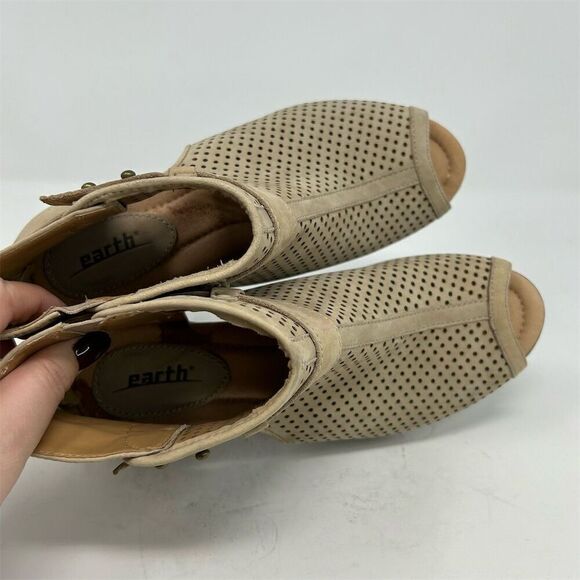 Earth Women's Brown Beige Leather Peep Toe Sandal Heels Size 7.5 Casual - Picture 10 of 12